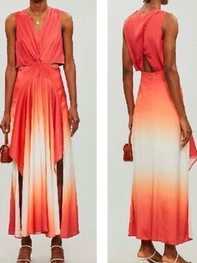 Maje Resia Cutout Coral to Cream Ombre satin Twist-Front High-Low Maxi Dress